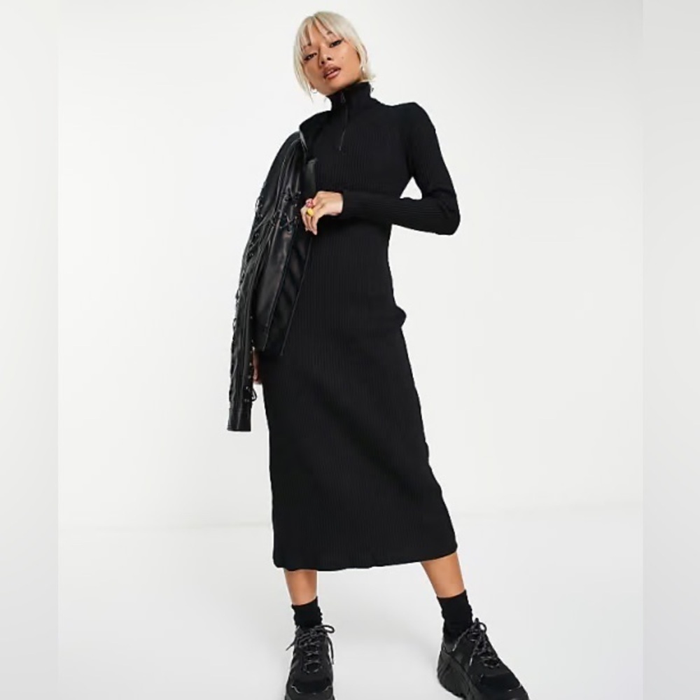 Urban Revivo Zip Neck Ribbed Long Sleeve Dress
